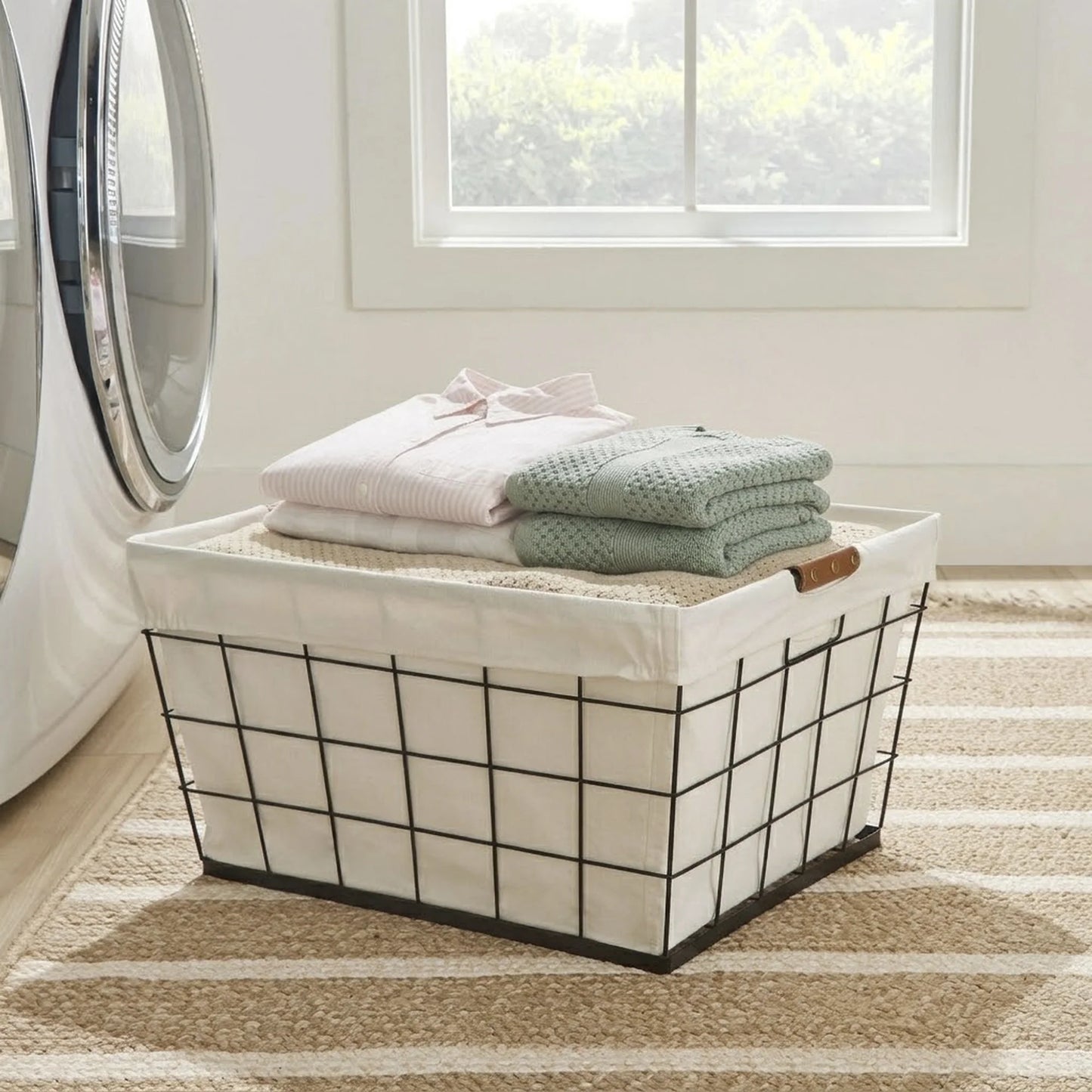 60L Rectangular Steel Laundry Basket, Black & Natural, Adult