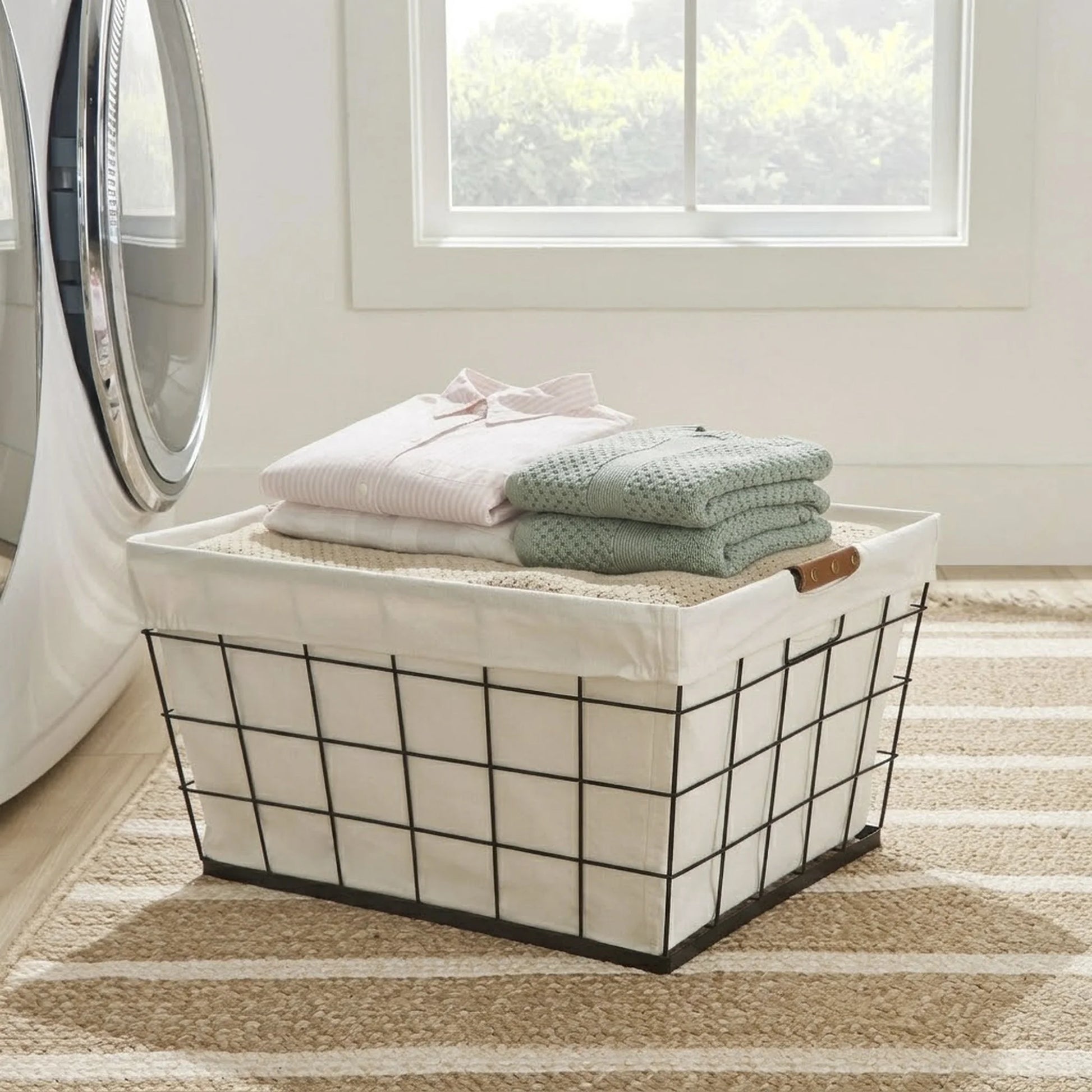 60L Rectangular Steel Laundry Basket, Black & Natural, Adult