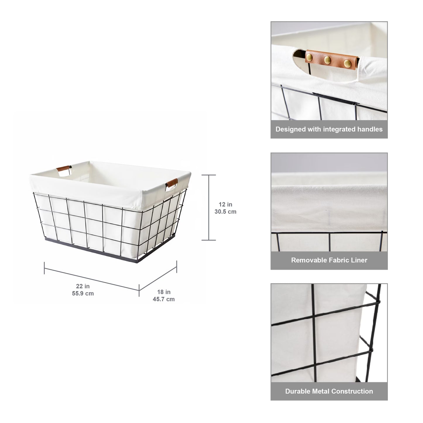 60L Rectangular Steel Laundry Basket, Black & Natural, Adult