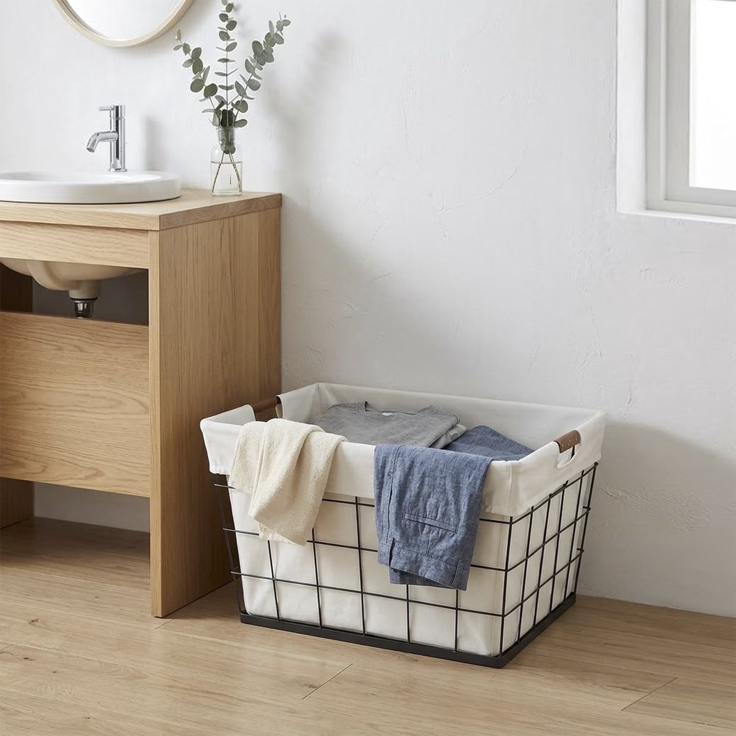 60L Rectangular Steel Laundry Basket, Black & Natural, Adult