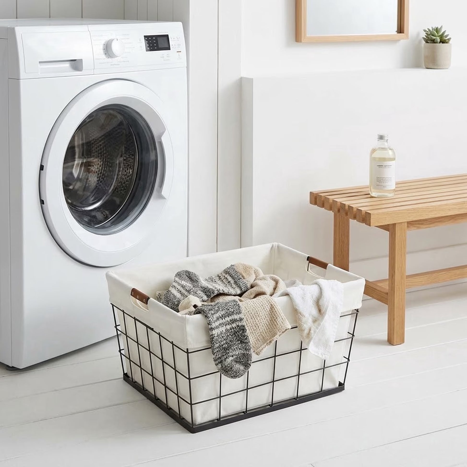 60L Rectangular Steel Laundry Basket, Black & Natural, Adult