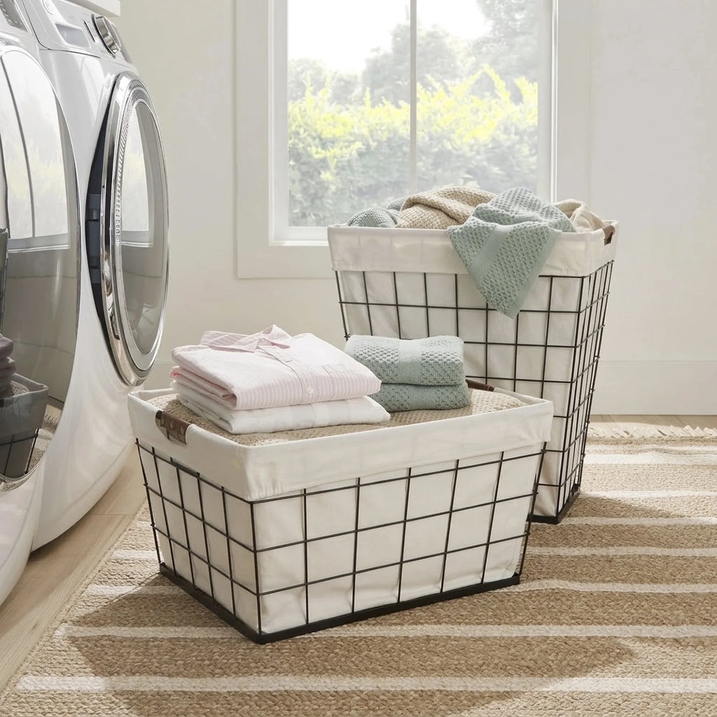 60L Rectangular Steel Laundry Basket, Black & Natural, Adult